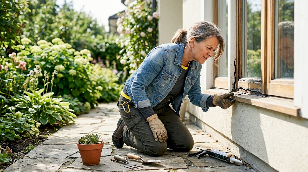 Homeowner inspecting cracked exterior caulking