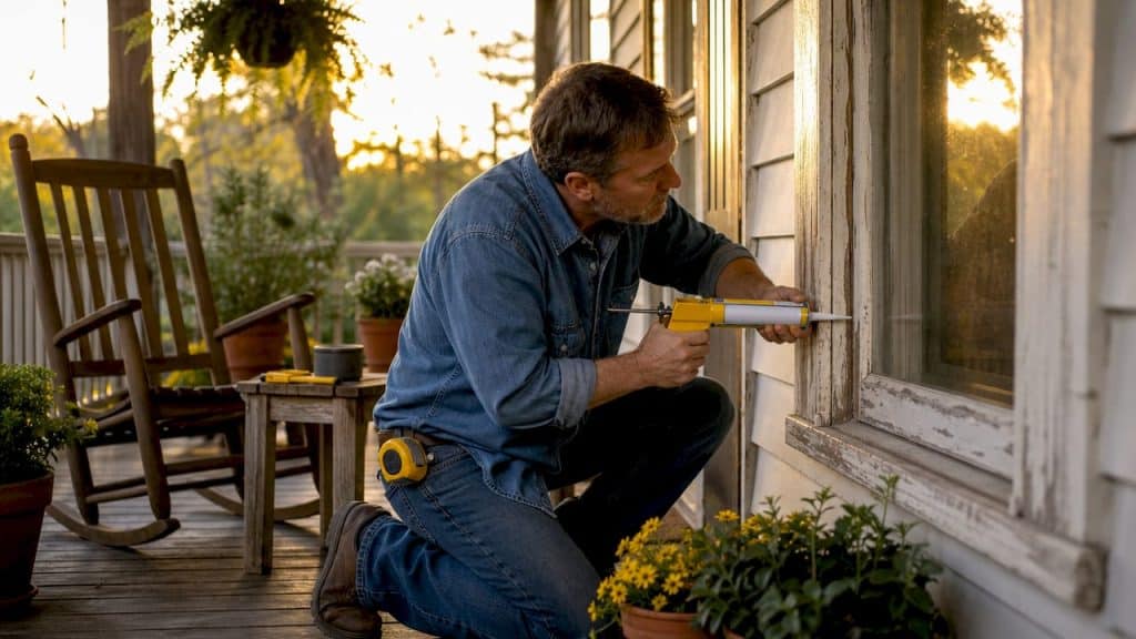 Man applying caulk to window frame indoors