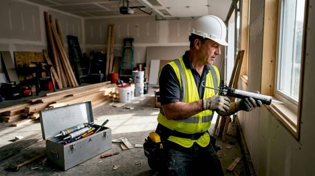 Construction worker applying caulking on new home window