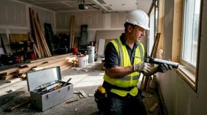 Construction worker applying caulking on new home window
