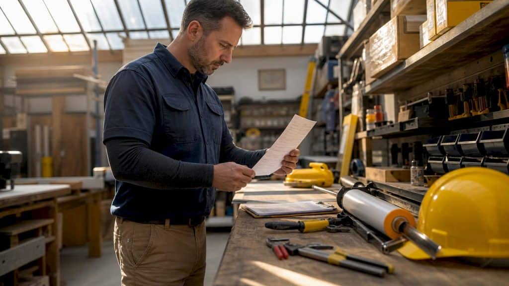 Building manager reviewing caulking schedule paper