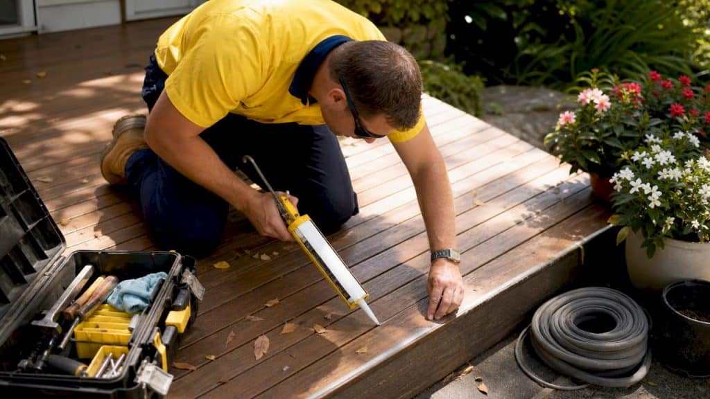 Tradesperson applying exterior building caulk