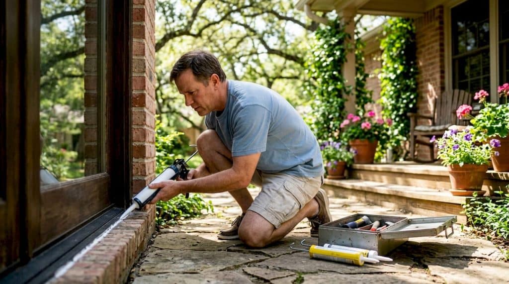 Homeowner applying caulking to exterior window frame