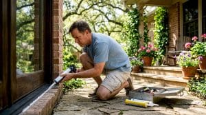 Homeowner applying caulking to exterior window frame