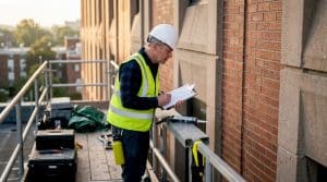 Building inspector assessing exterior caulking