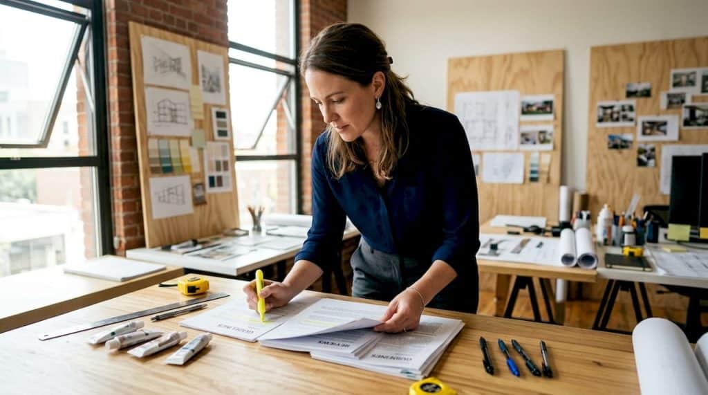 Architect reviewing LEED caulking guidelines at desk