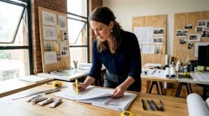 Architect reviewing LEED caulking guidelines at desk