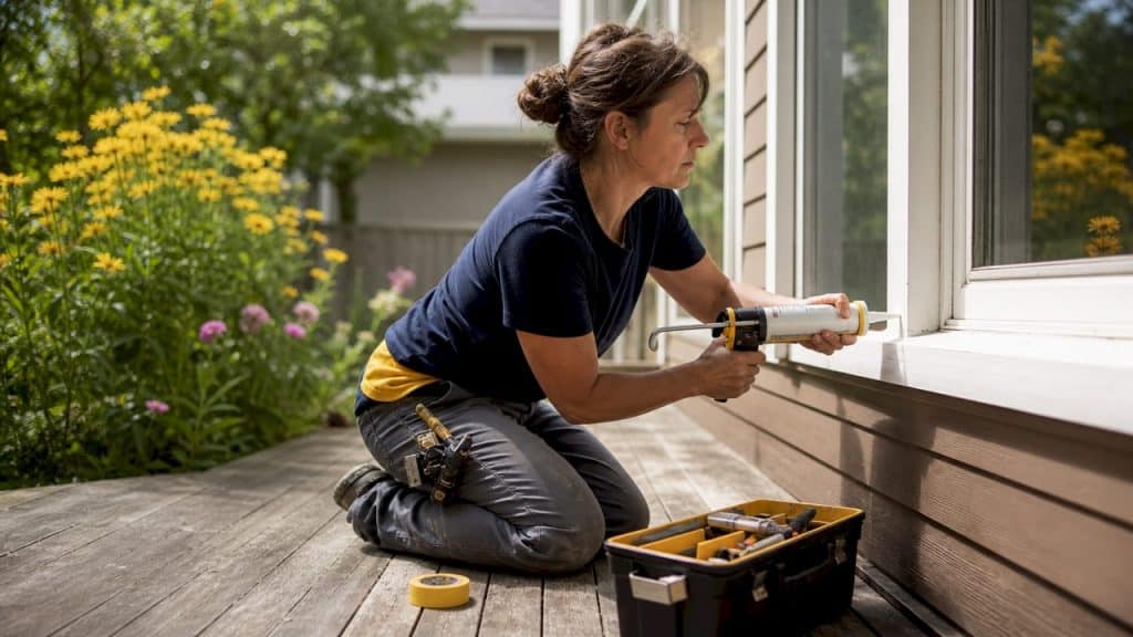 Homeowner sealing window joints with caulk