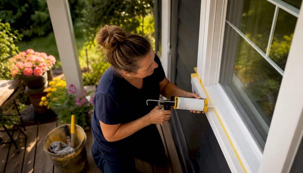 Homeowner caulking window frame indoors