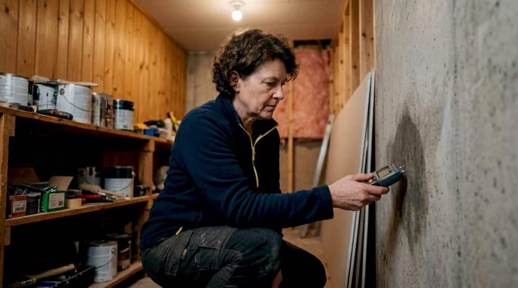 Homeowner inspecting basement wall moisture