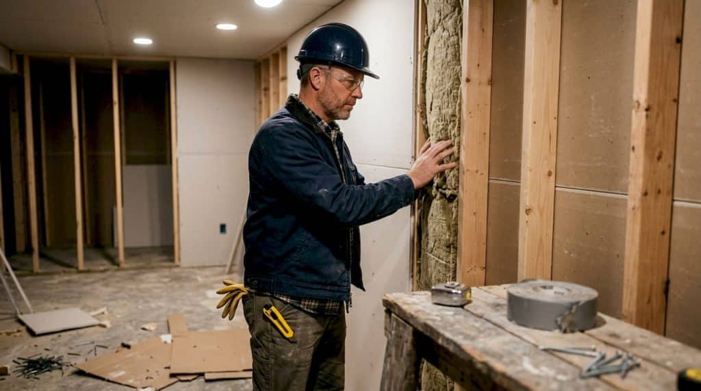 Construction worker inspecting inter-tenancy wall sealing