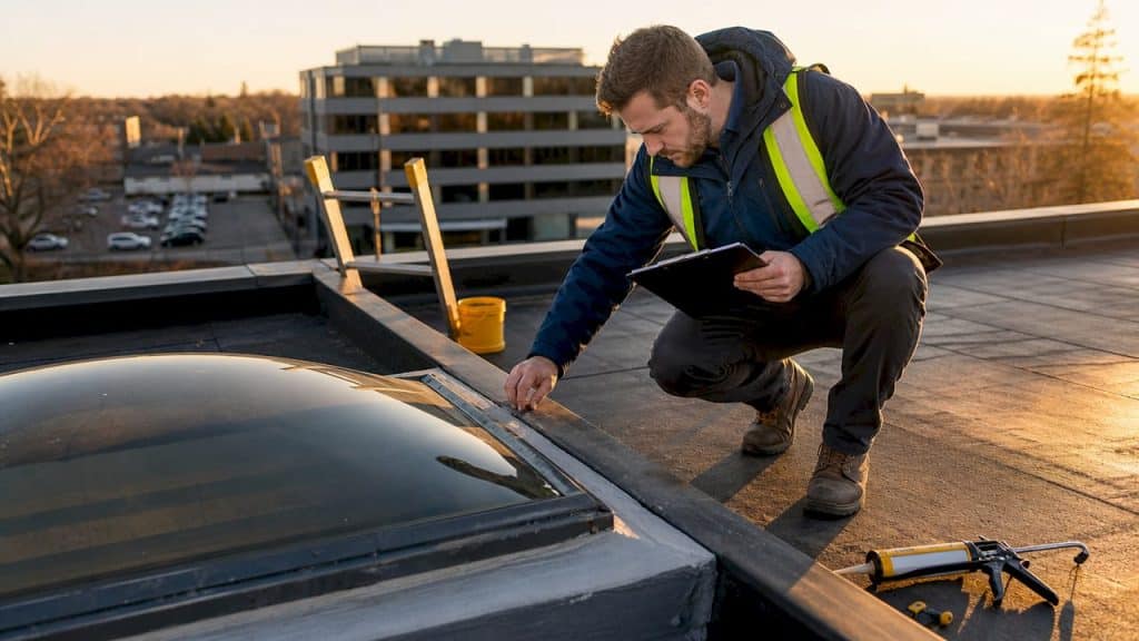 Building inspector examining caulking on rooftop window