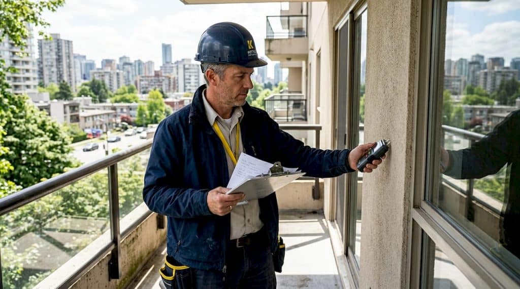 Inspector checking building weatherproofing exterior