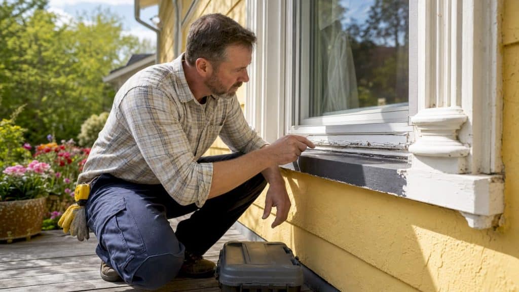 Home inspector examining cracked caulking on building exterior