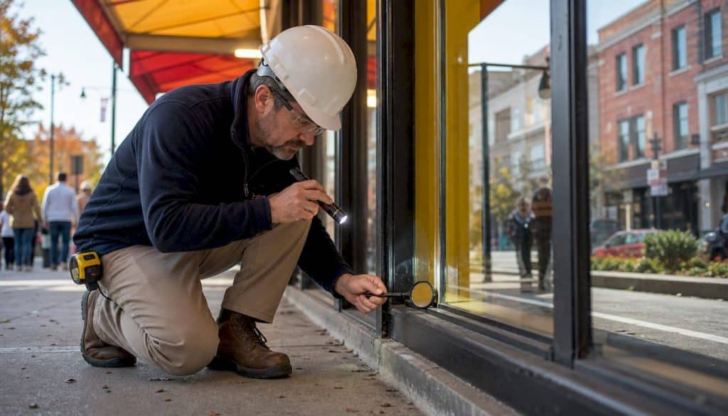 Technician inspecting storefront window seals