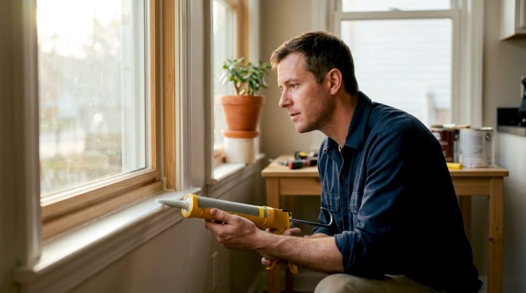 Contractor inspecting freshly installed window with caulking gun