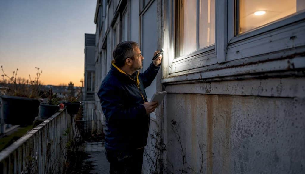 Building inspector checking window seals on balcony
