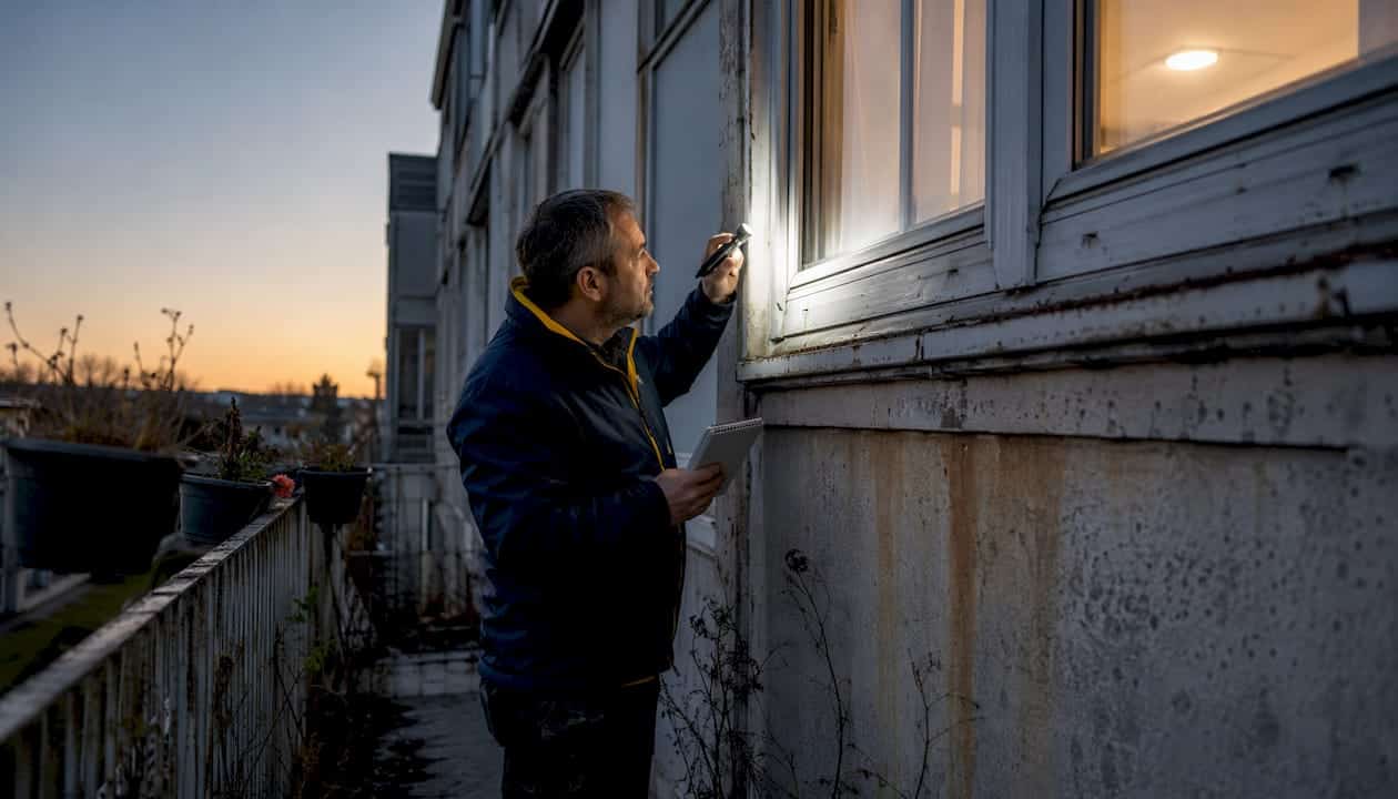 Building inspector checking window seals on balcony