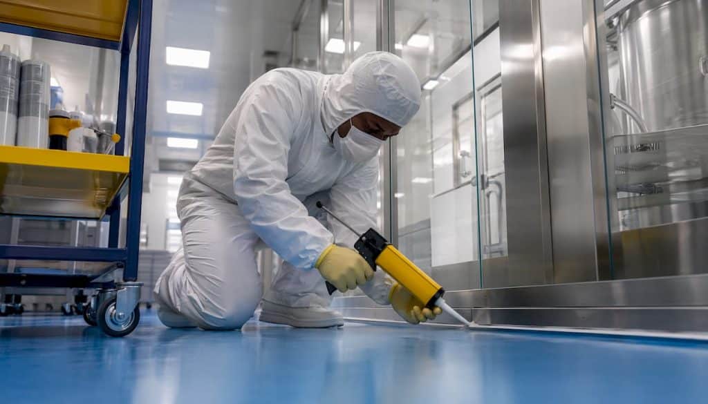 Technician applying caulking in pharmaceutical cleanroom