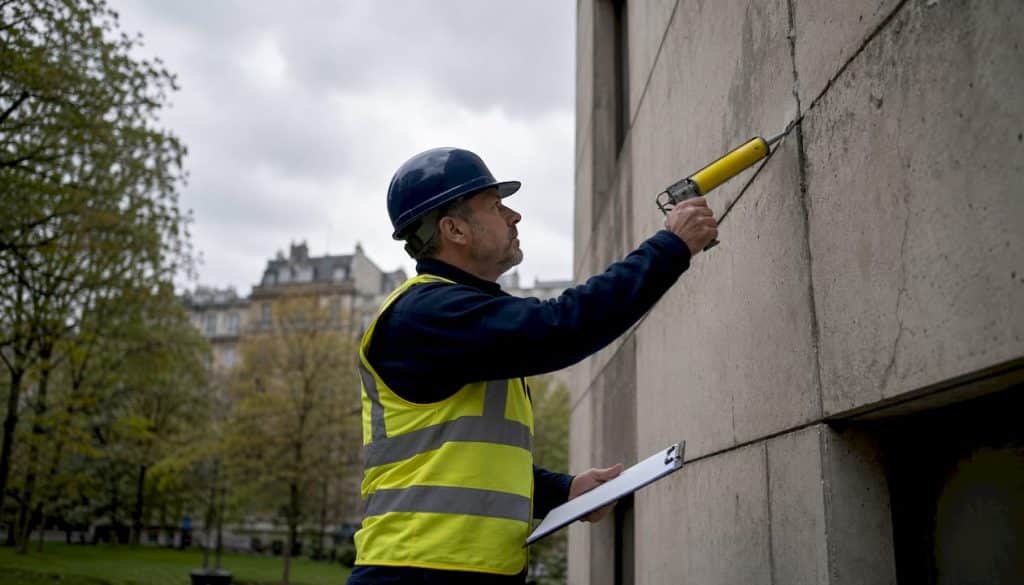Inspector examining concrete cladding joints