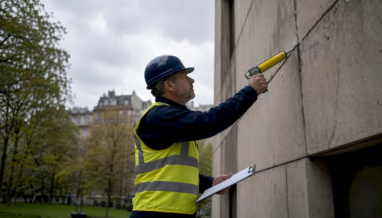 Inspector examining concrete cladding joints