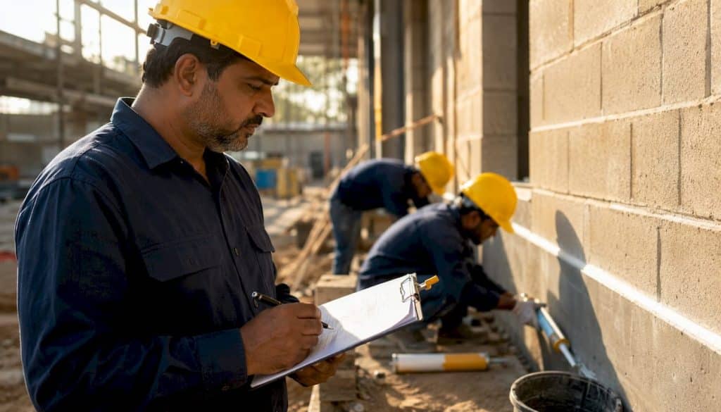 Site manager inspecting caulking joints outdoors