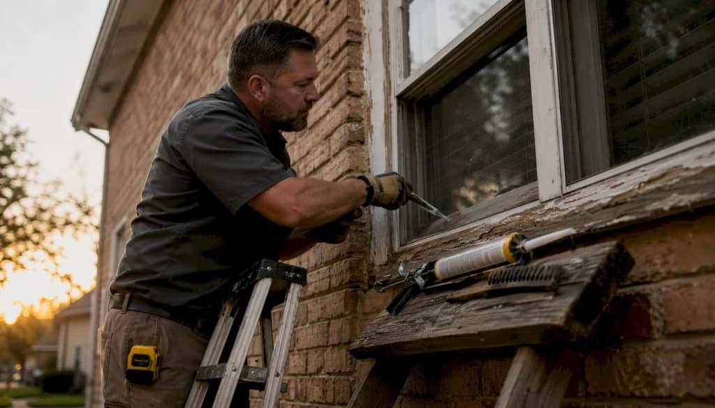 Technician applying caulking on exterior window frame