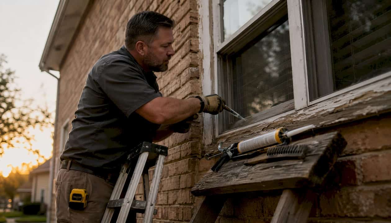 Technician applying caulking on exterior window frame