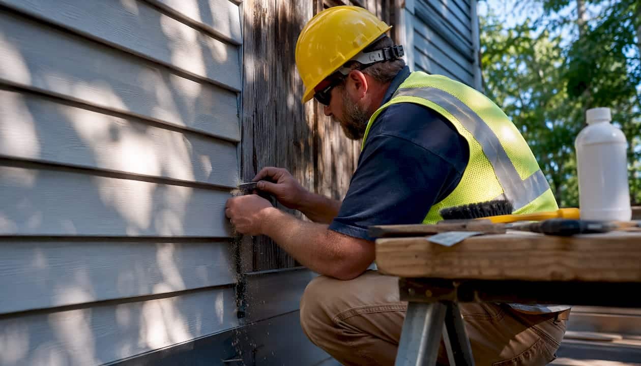 Contractor scraping old sealant from exterior siding joint
