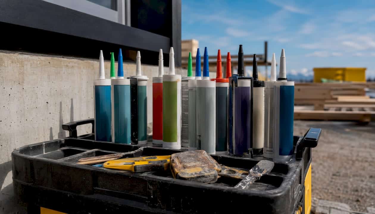 Close-up of different sealant tubes and tools on workbench