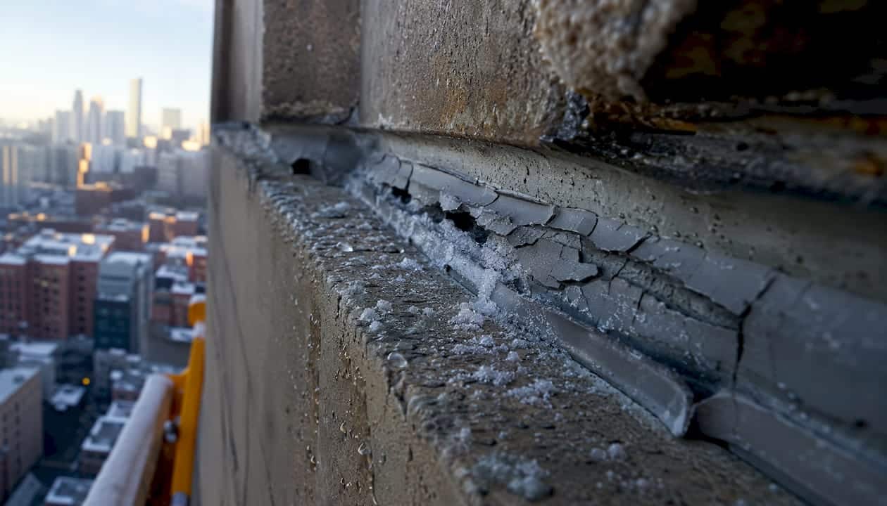 Close-up of cracked caulking damaged by freeze-thaw cycles