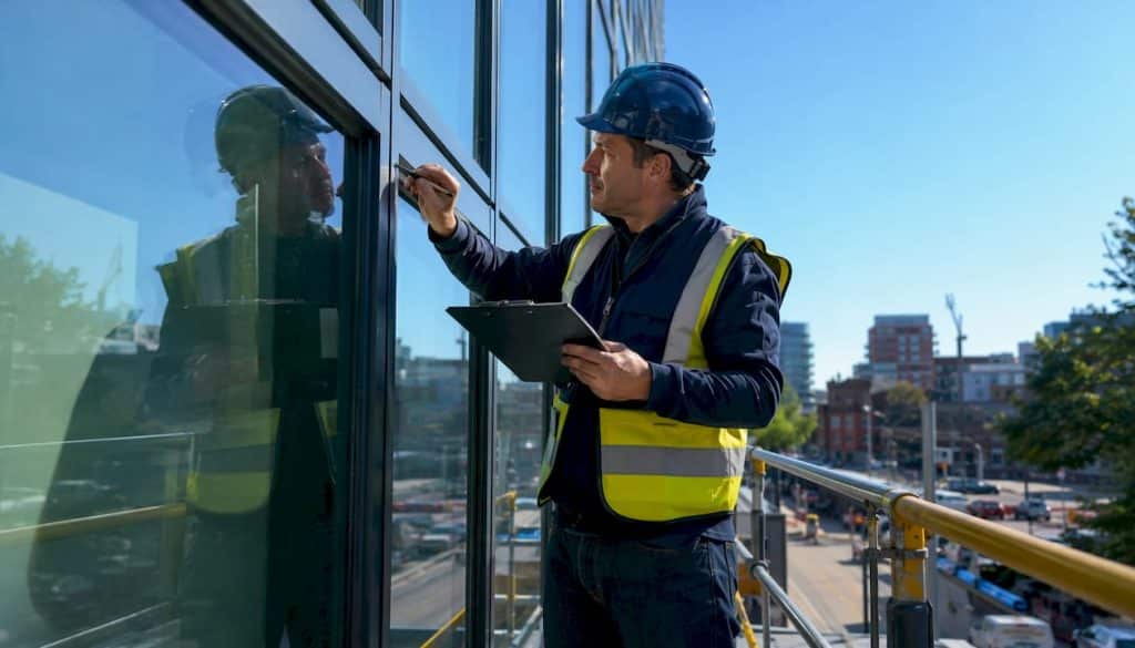 Technician inspecting caulking on commercial facade