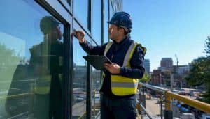 Technician inspecting caulking on commercial facade