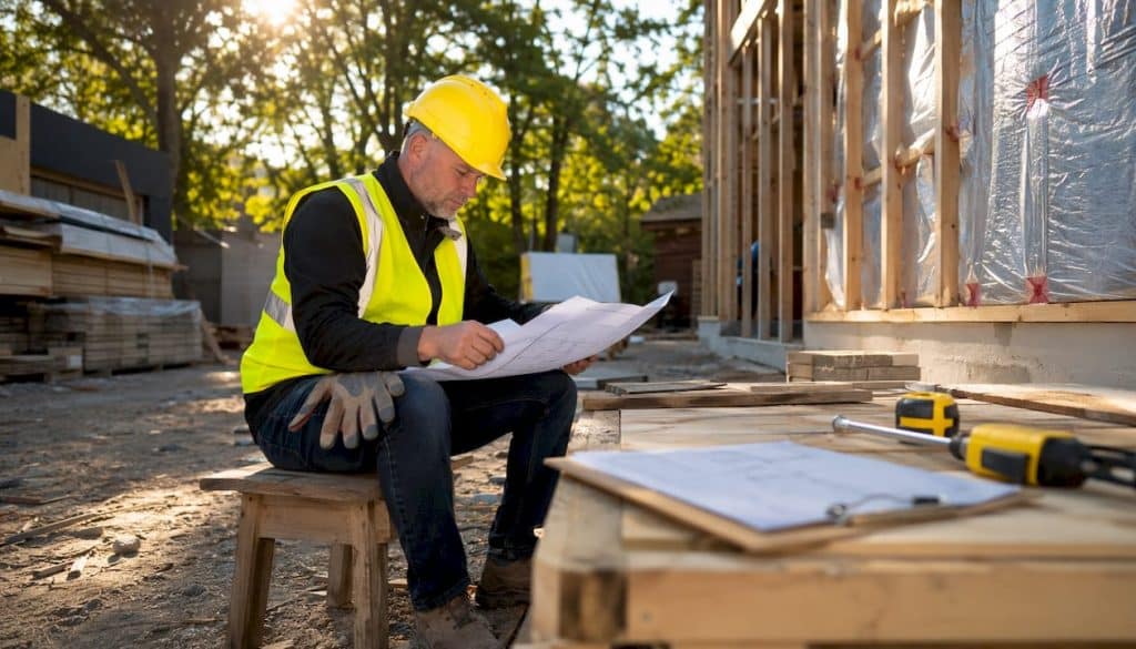 Manager reviewing building plans at construction site