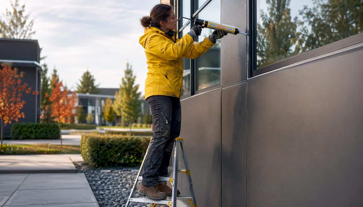 Tradesperson applying caulk to window joint outdoors