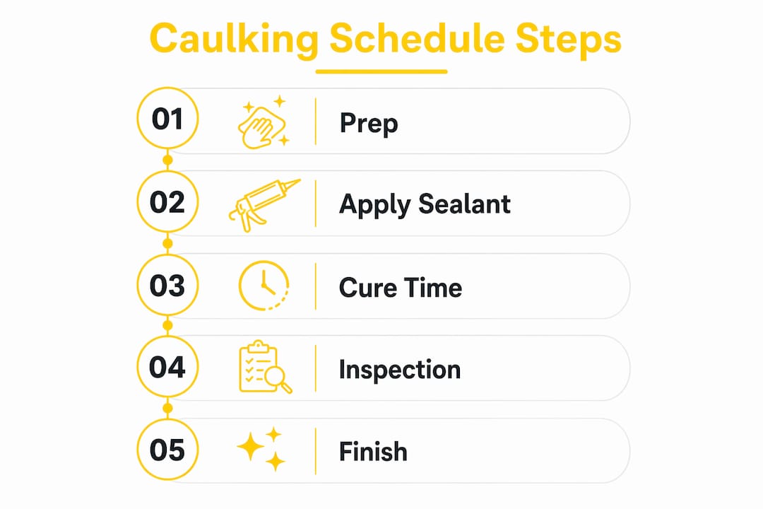 Infographic illustrating caulking process steps and timing