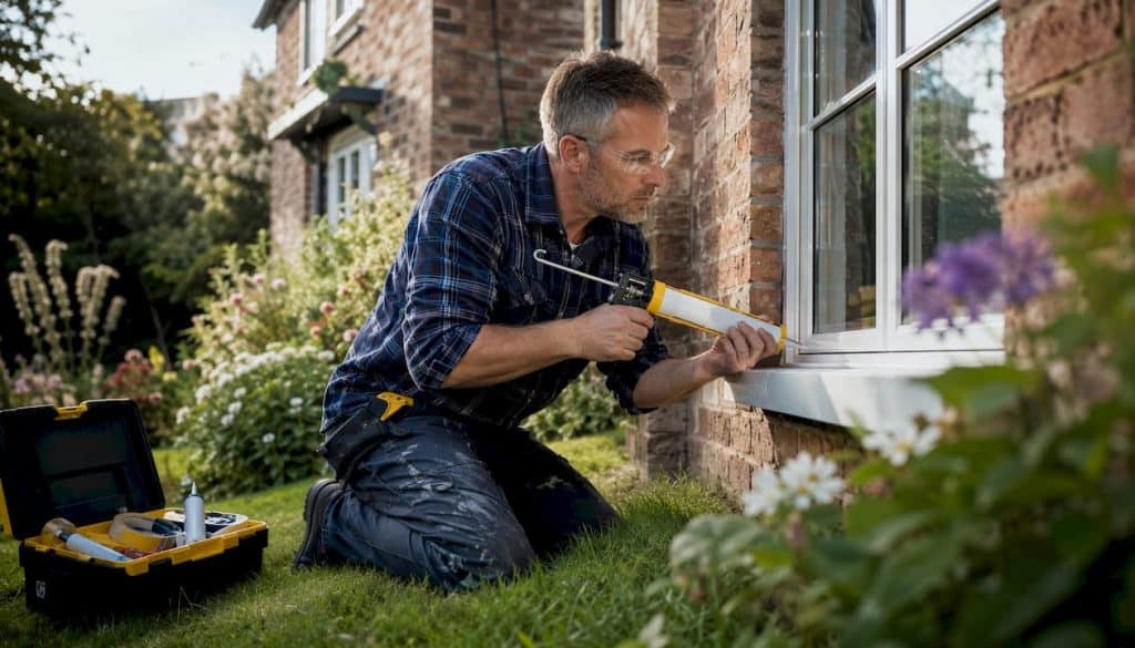 Contractor applying caulk on house exterior