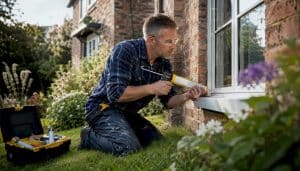 Contractor applying caulk on house exterior