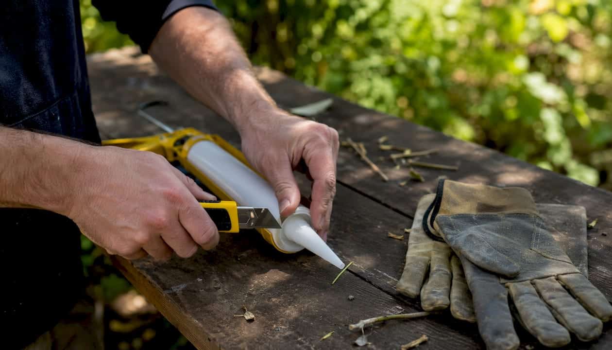Hands cutting caulk gun nozzle tip