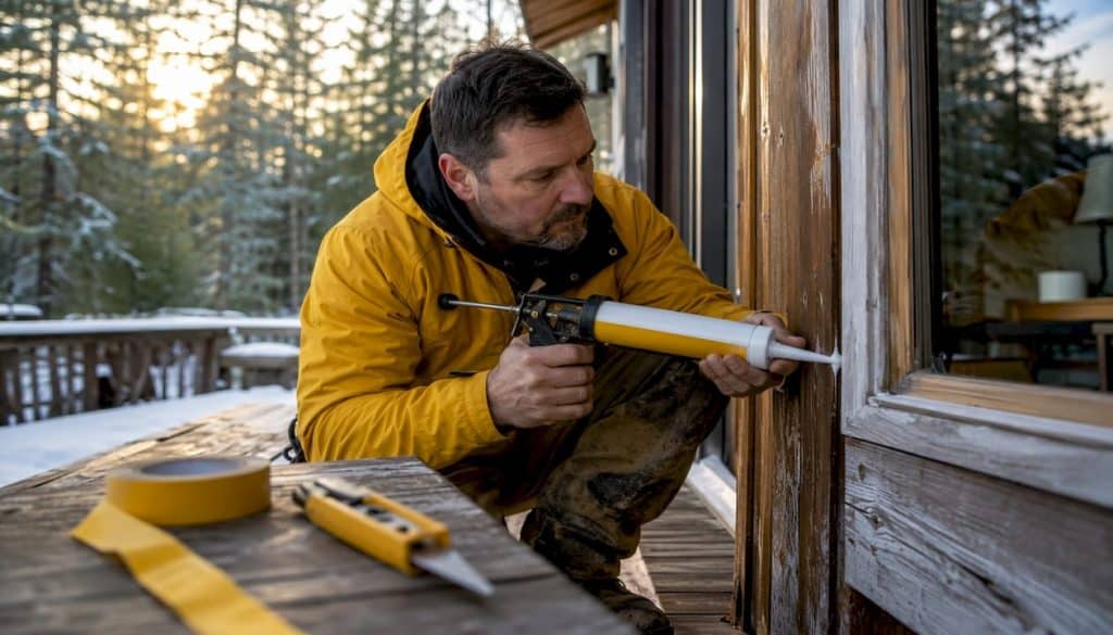 Homeowner applying caulk to exterior door frame