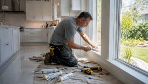 Man applying caulk to window trim in renovation