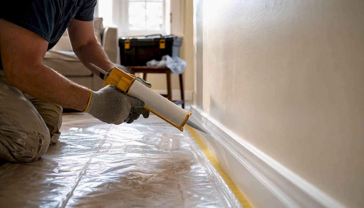 Gloved hands smoothing acrylic caulk on baseboard