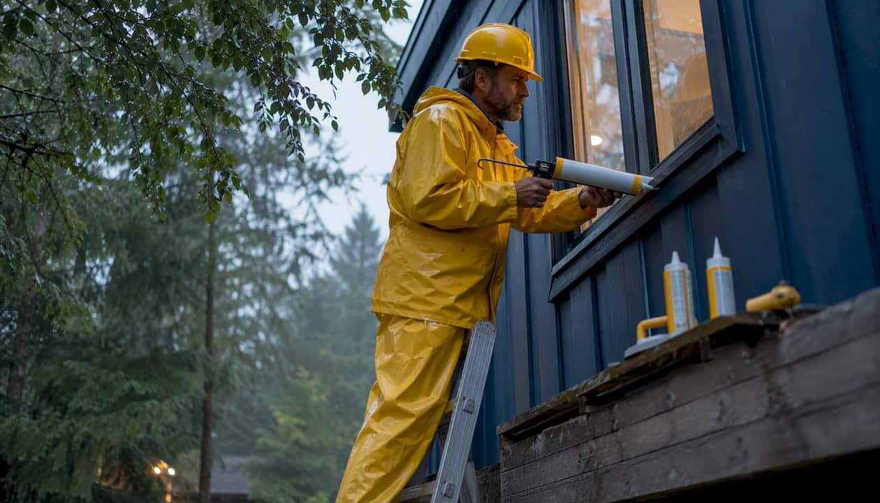 Contractor sealing exterior window with caulk outdoors