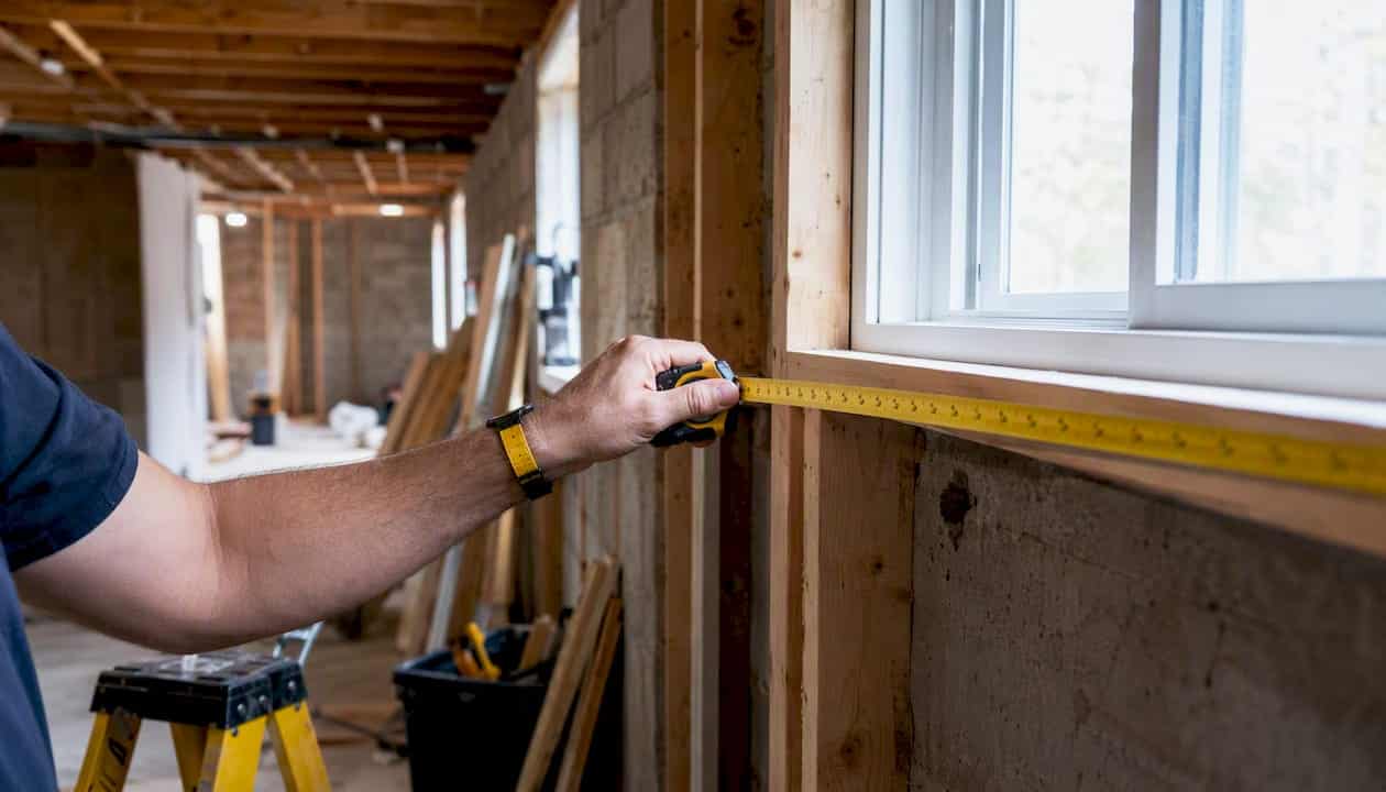 Close-up measuring basement window frame width