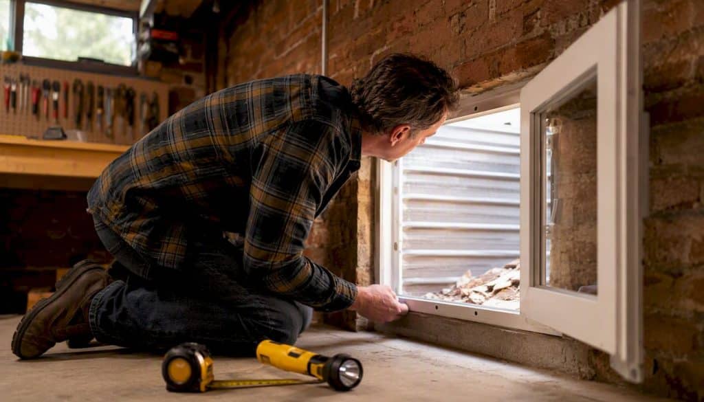Homeowner inspecting basement window clear opening