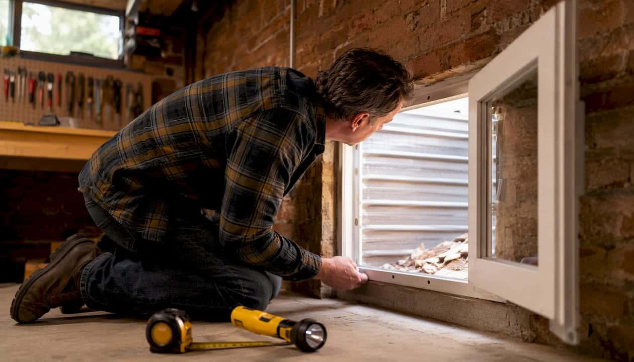 Homeowner inspecting basement window clear opening