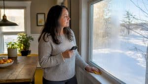 Woman inspecting window condensation indoors