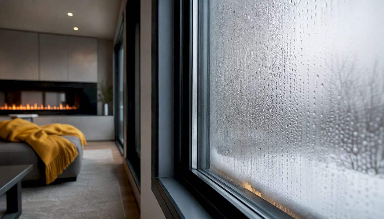 Interior window with condensation droplets close-up