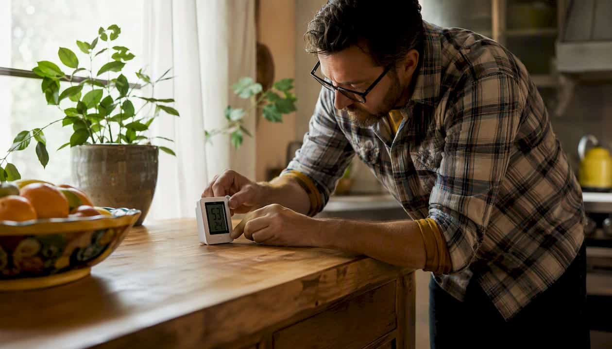 Man adjusting hygrometer near window indoors