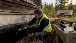 Contractor applying waterproof sealant on foundation